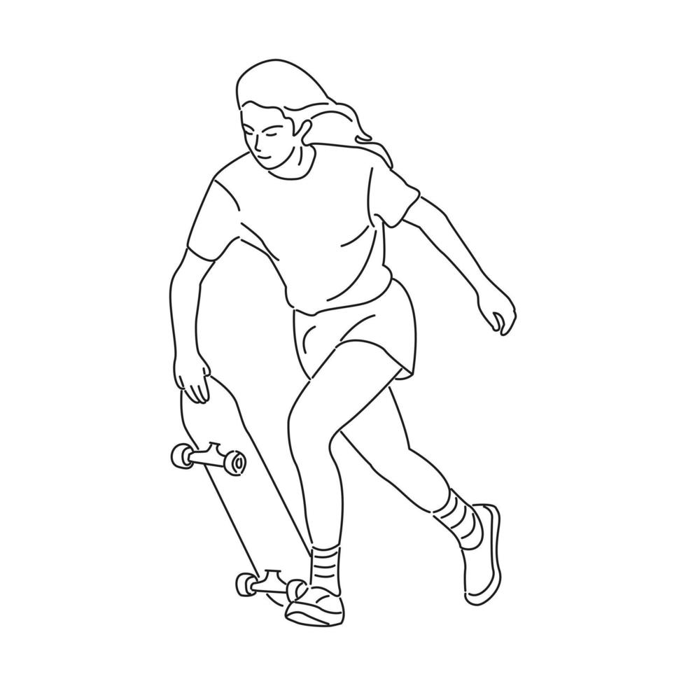 chica de patineta en estilo de dibujos animados mínimo vector