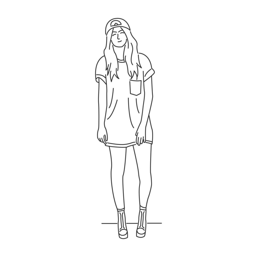 Young girl in casual clothes standing and smiling. Minimal cartoon style vector
