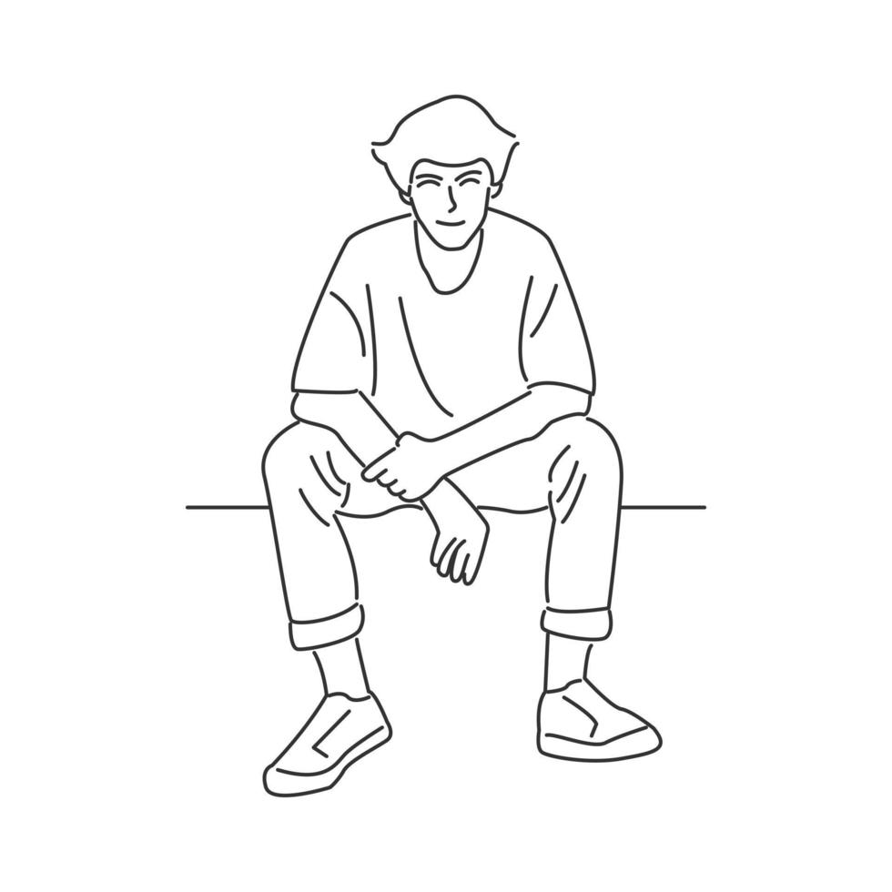 Young man sitting and smiling in minimal cartoon style vector
