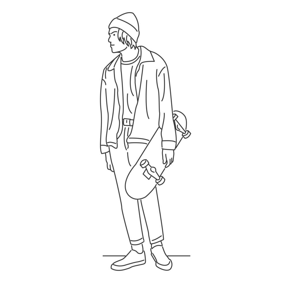 A man is standing and holding a skateboard in line art style vector