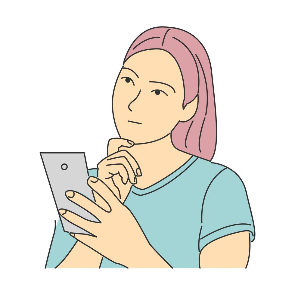 Female character is holding the phone and thinking. Minimal cartoon style vector