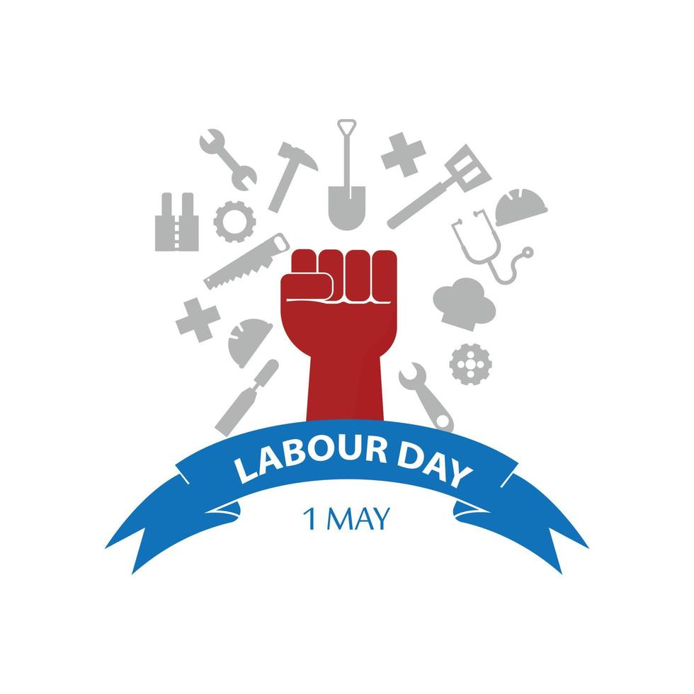 Happy labour day design vector. Illustration of set icons work tools and hand full power. vector