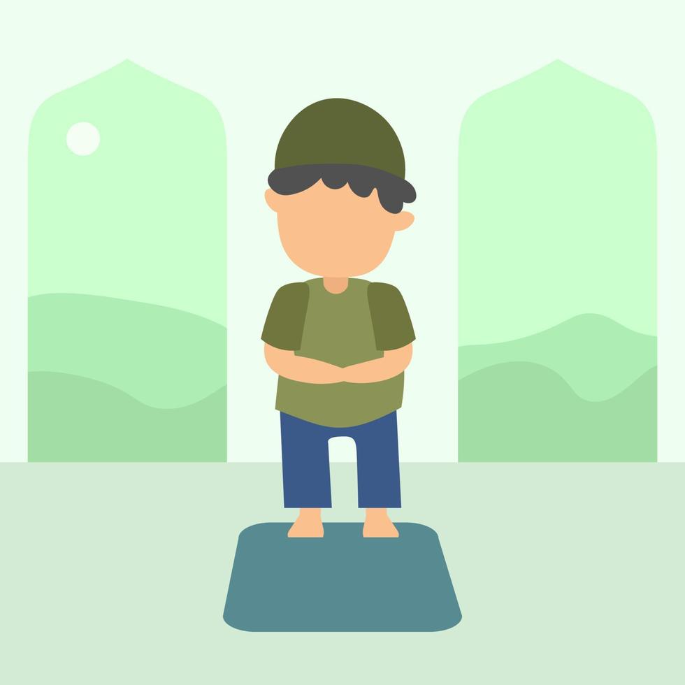 moslem kid character praying flat illustration vector