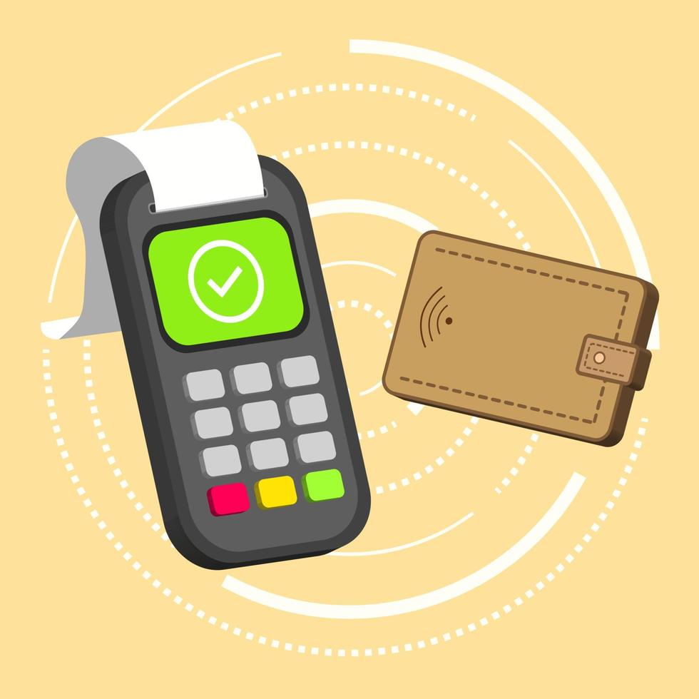 transacción sin efectivo nfc exitosa con terminal de pago e ilustración 3d de billetera vector