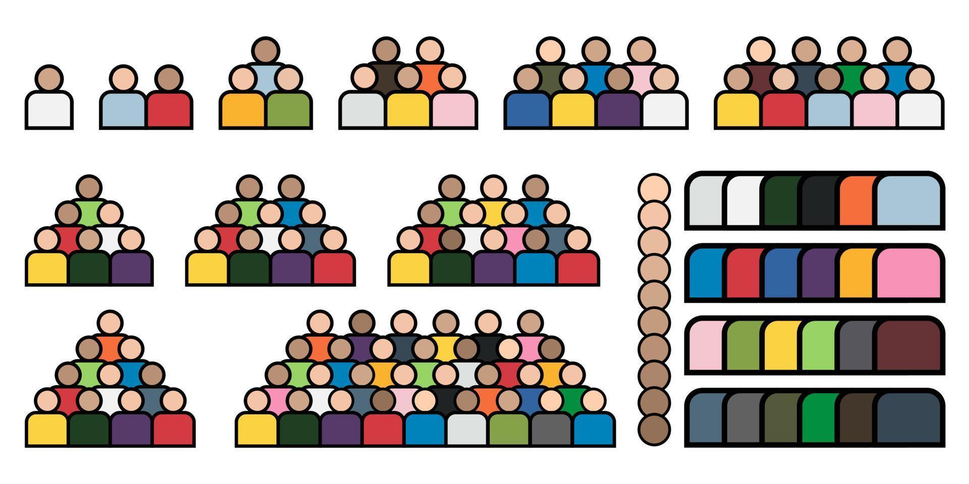 group of people gathering icon set with different skin and shirt color vector