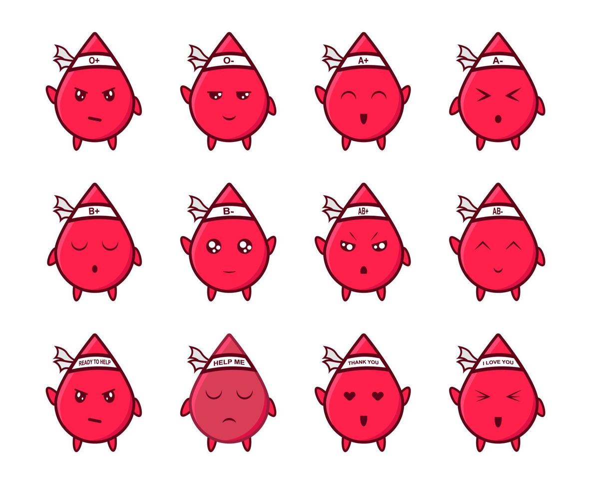 blood types drop cute cartoon characters with face expressions vector
