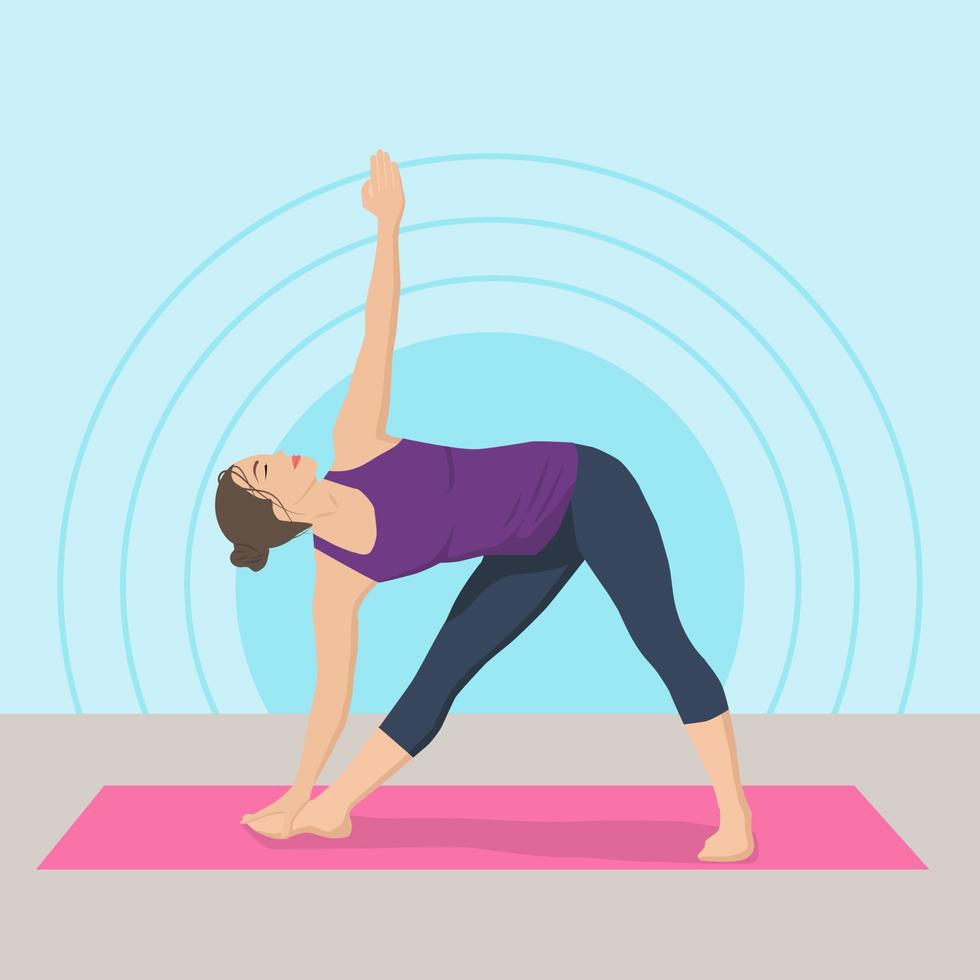 A light-skinned woman does yoga in the studio. Color vector illustration in flat style