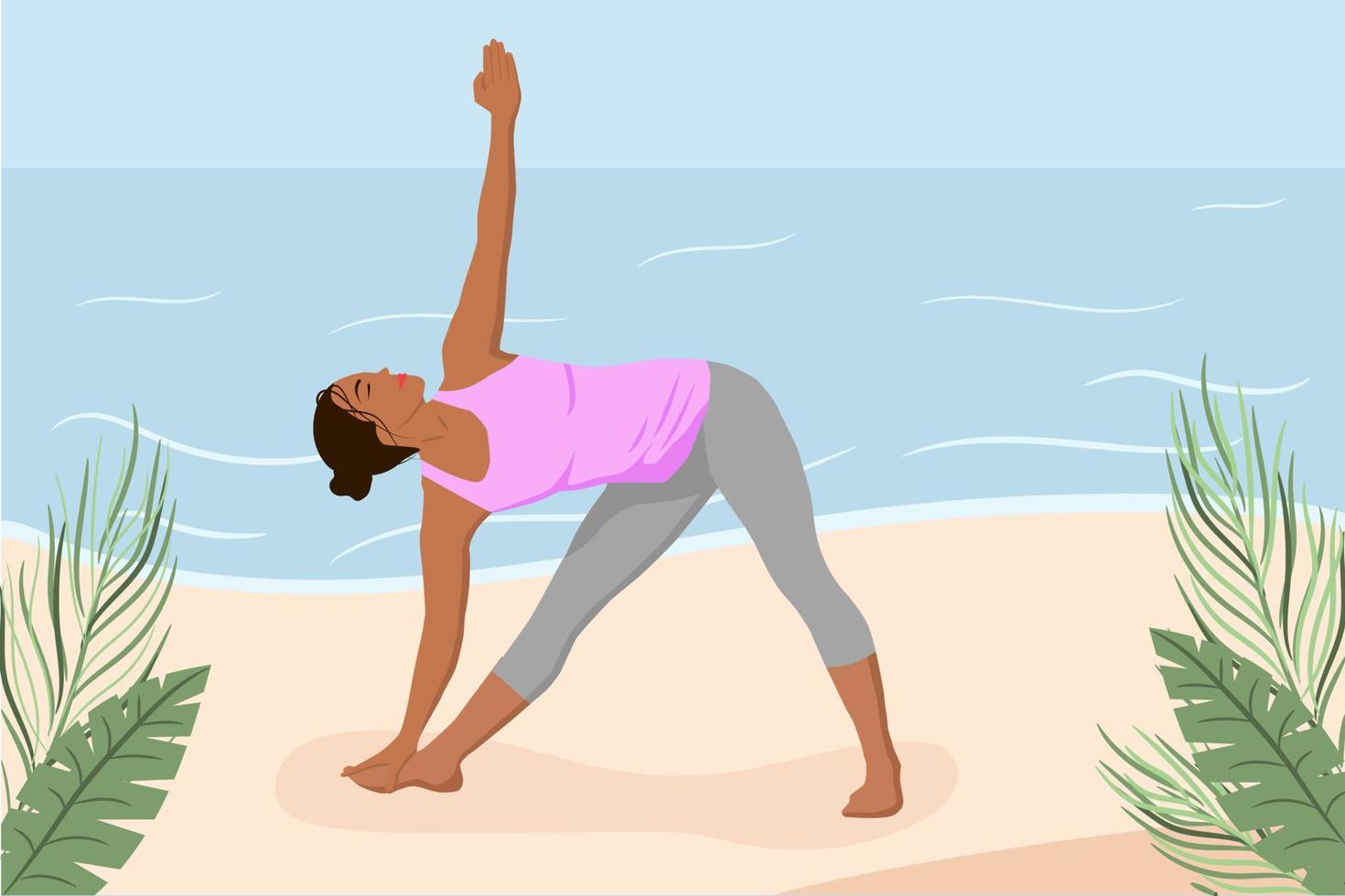 una mujer de piel oscura hace yoga en la playa. ilustración de vector de color en estilo plano