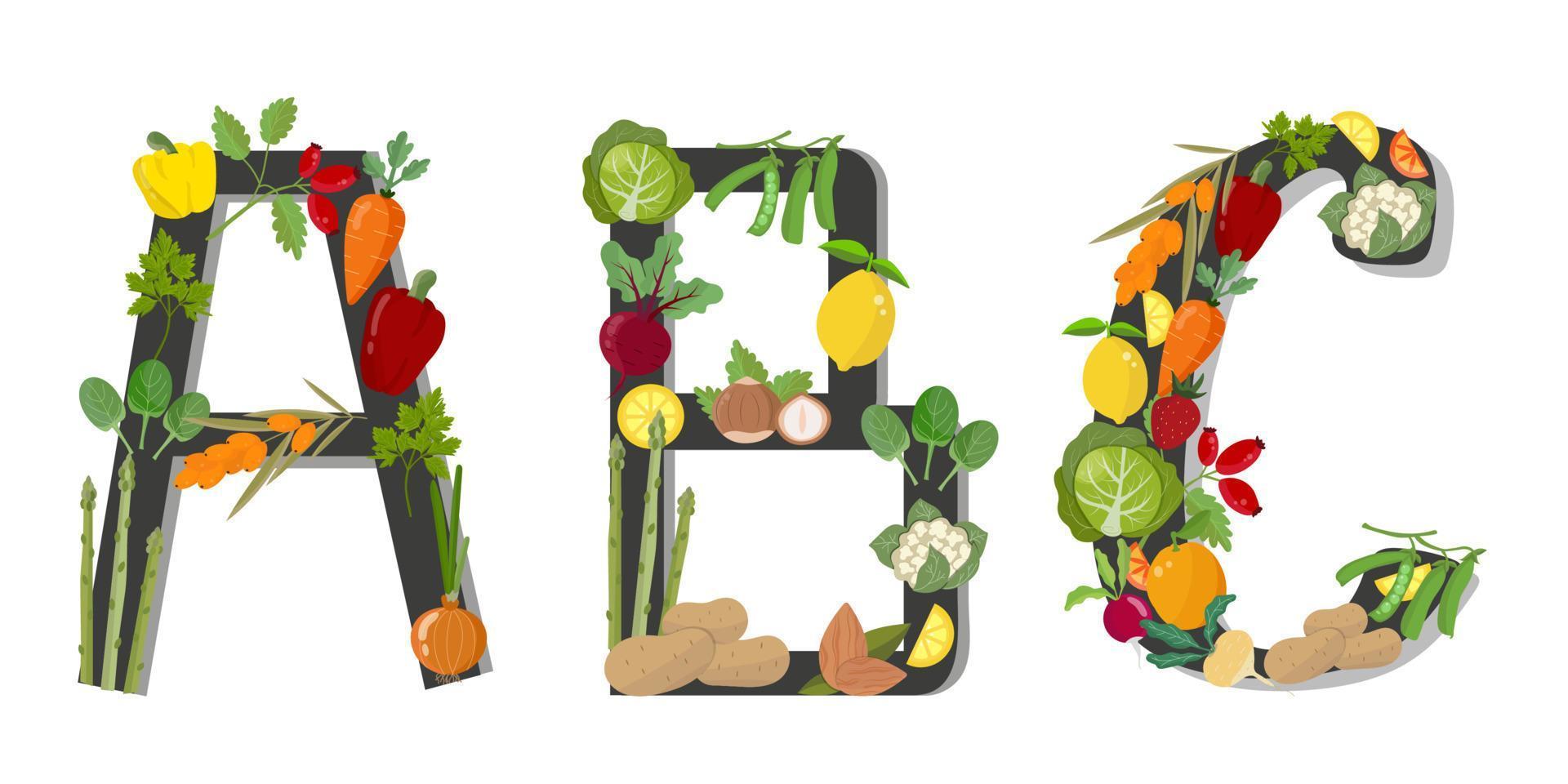 vitamina a, b, c conjunto de verduras y bayas, letra a sobre fondo blanco. ilustración vectorial vector