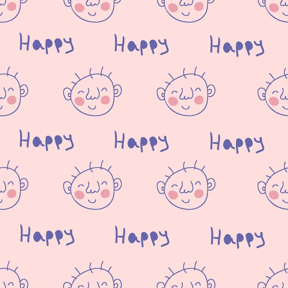 Simple seamless pattern with newborn baby faces and text HAPPY. vector