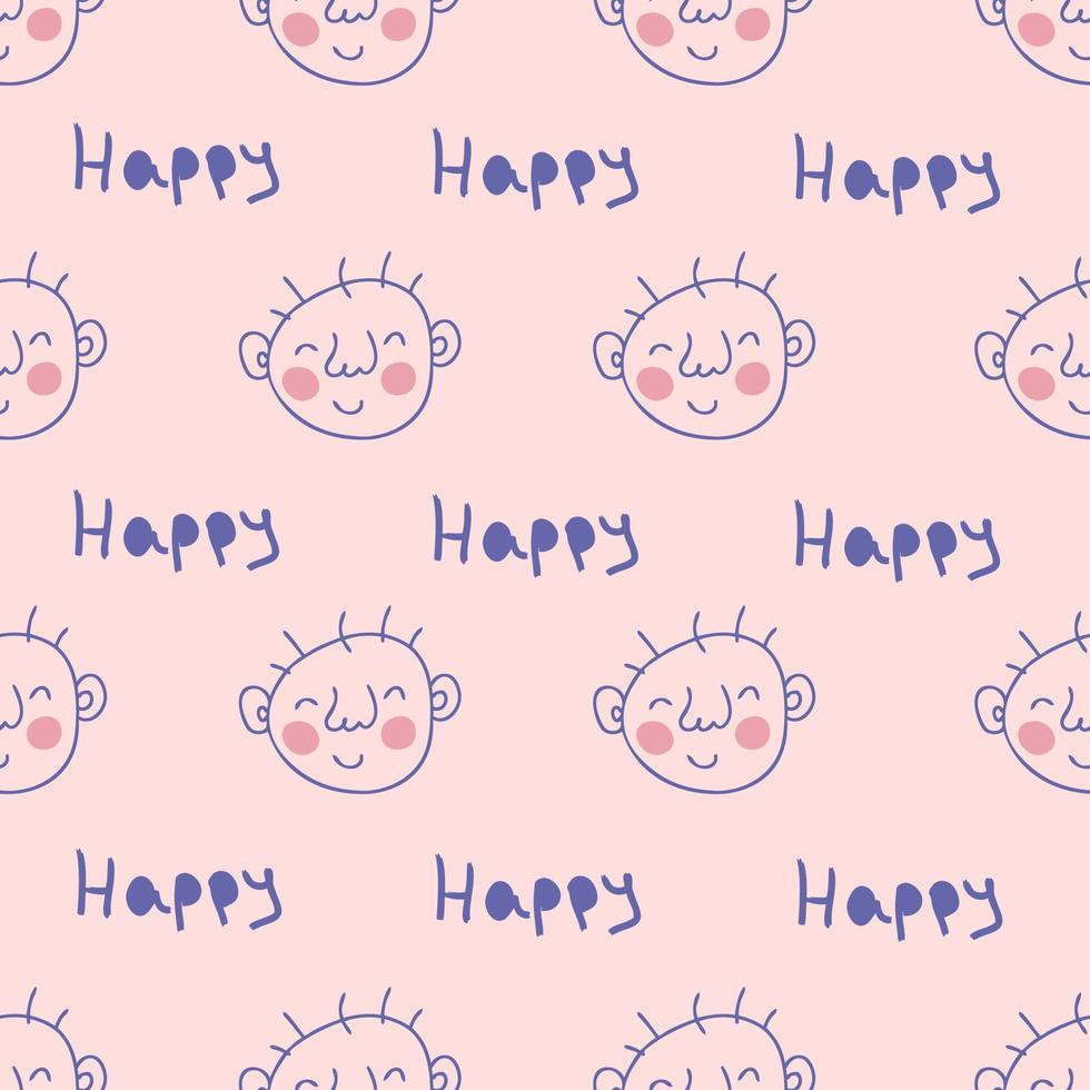 Simple seamless pattern with newborn baby faces and text HAPPY. vector