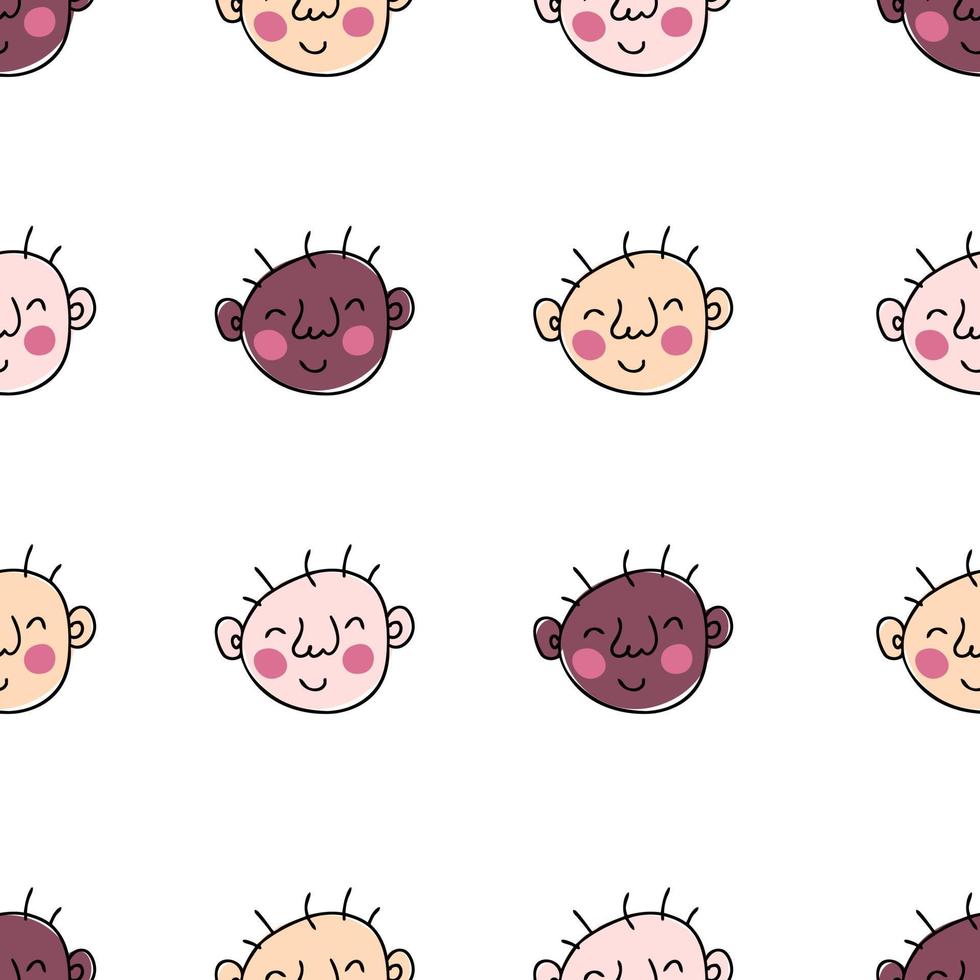 Trendy seamless pattern with doodle baby faces. vector