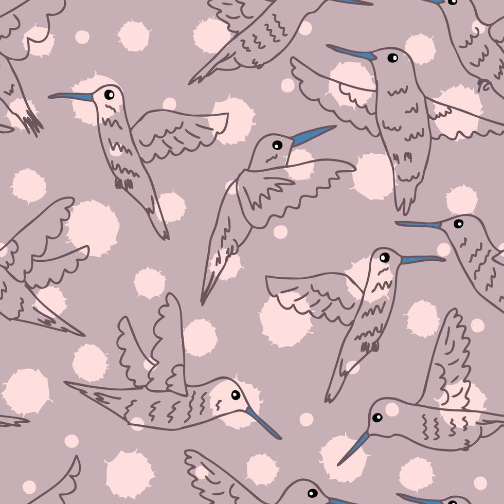 Hand drawn summer seamless pattern with hummingbirds and abstract spots. vector