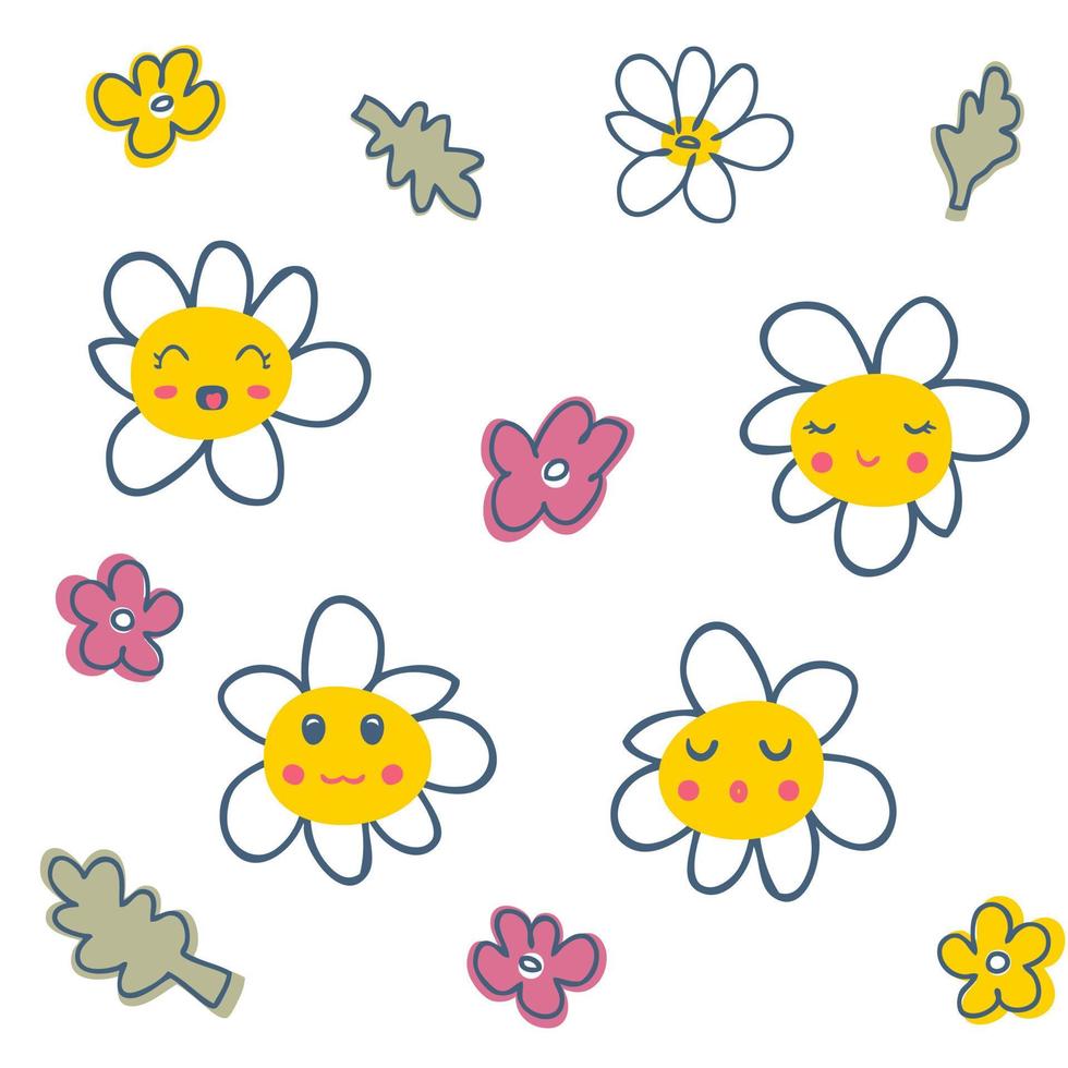 Daisy flowers set with cartoon funny faces. Cute chamomile characters  collection with happy emotions. 7411077 Vector Art at Vecteezy