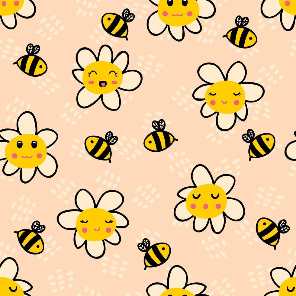 Daisy flowers and bees summer seamless pattern. vector