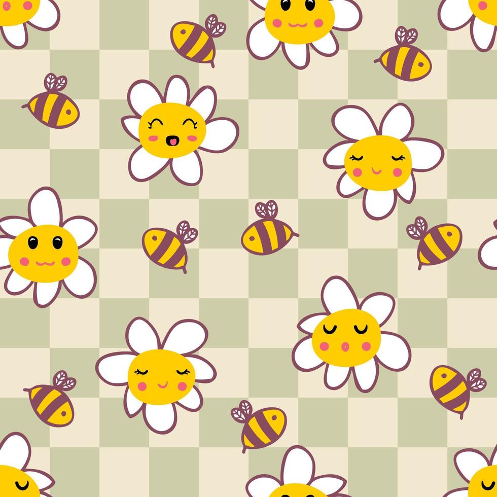 Retro style checkerboard seamless pattern with daisies and bees. vector