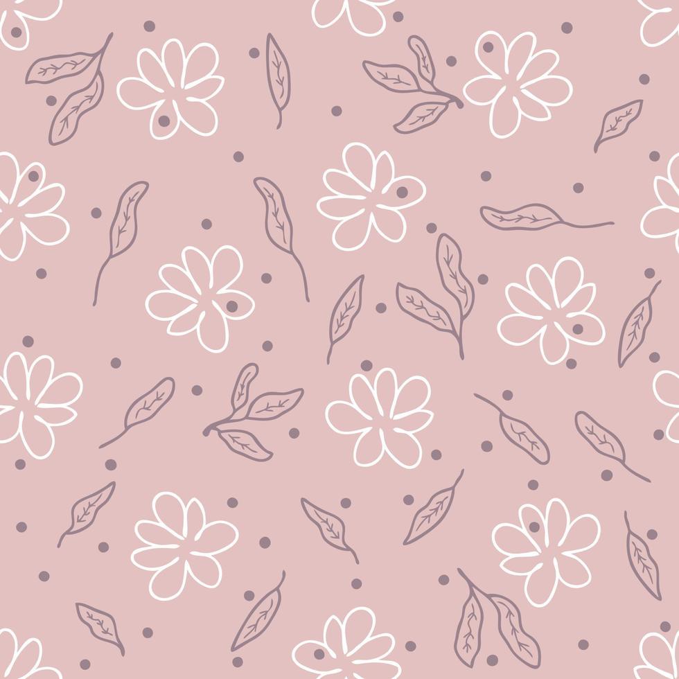 Hand drawn seamless pattern with doodle flowers, leaves and dots. vector