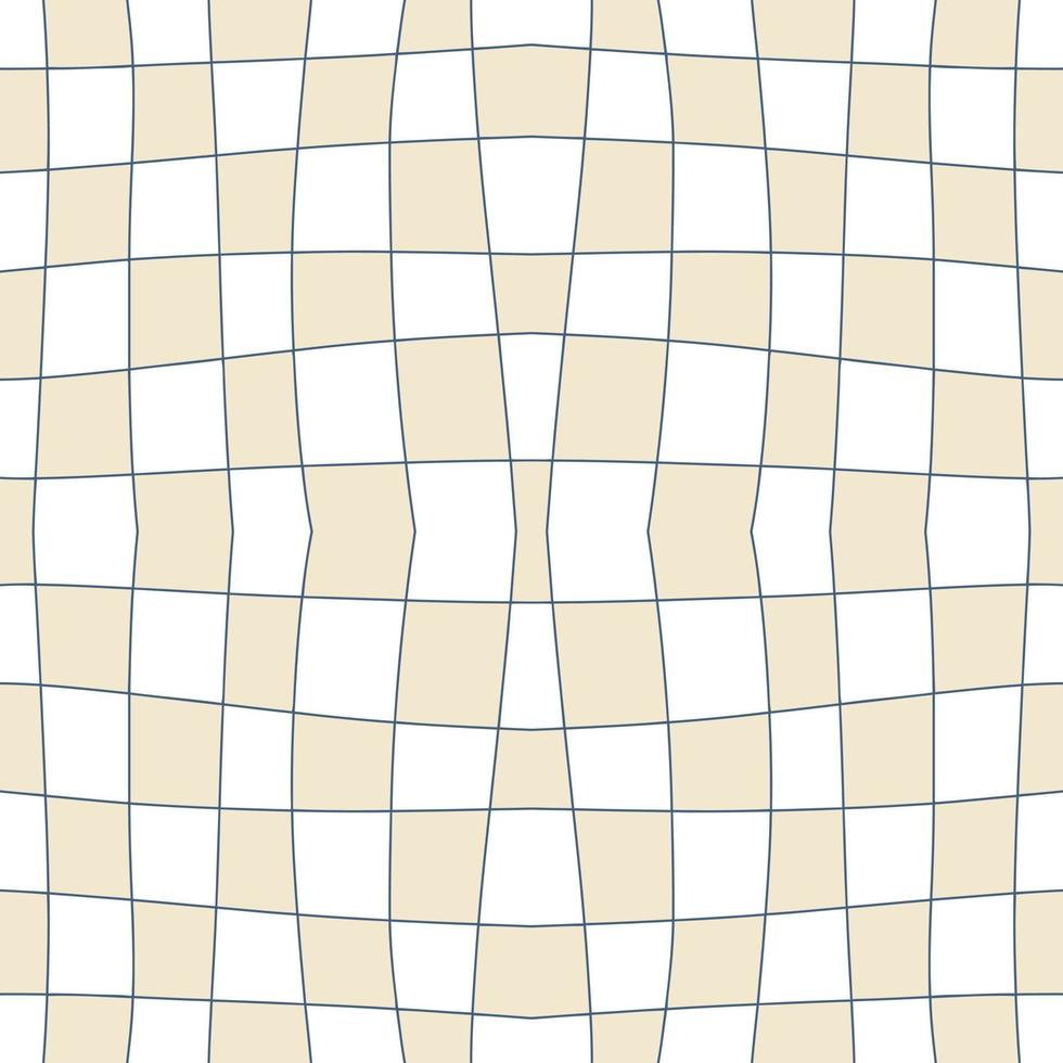 Checkered seamless background with distorted squares. Trippy grid retro checkerboard pattern in 1970s style. Chessboard vector illustration for decor and design.
