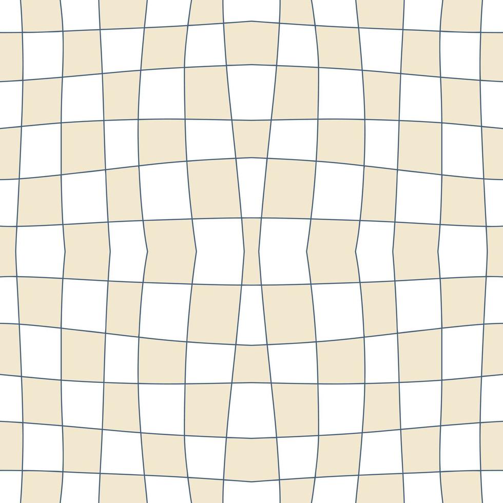 Checkered seamless background with distorted squares. Trippy grid retro checkerboard pattern in 1970s style. Chessboard vector illustration for decor and design.