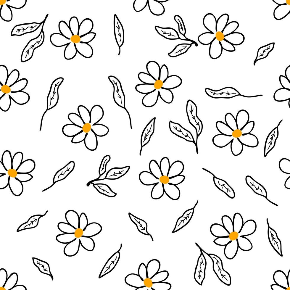 Doodle seamless pattern with simple flowers and leaves. vector