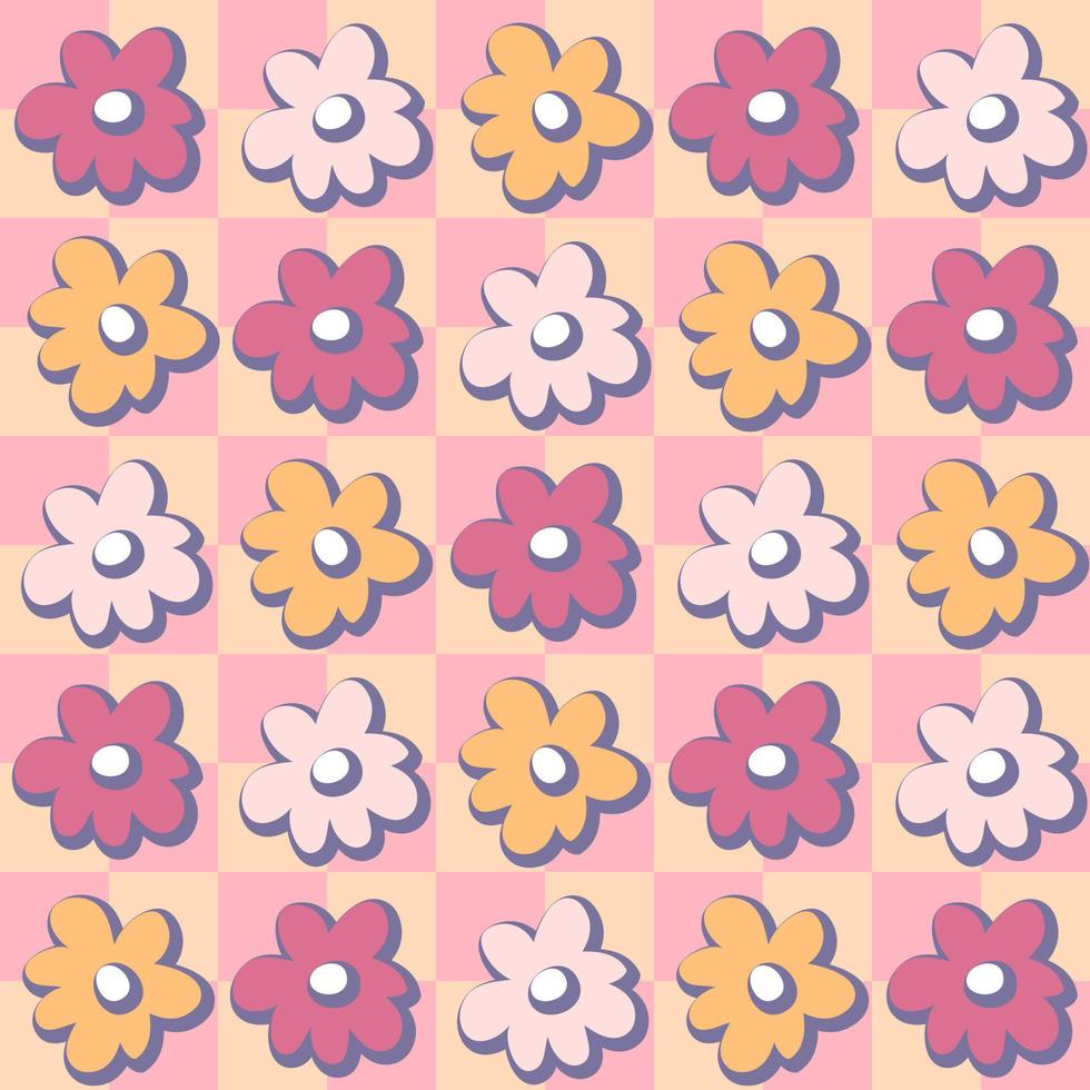 Groovy shadow flowers floral checkerboard seamless pattern. vector