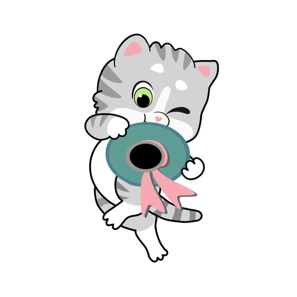 A cute American Shorthair cat is walking while holding a beautiful big hat. Flat color vector image.