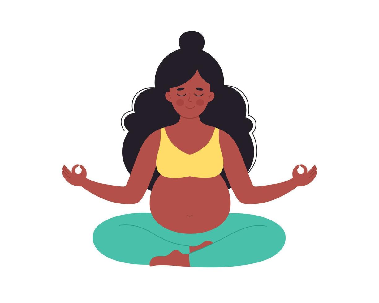 Black pregnant woman meditating in lotus pose. Healthy pregnancy, yoga vector