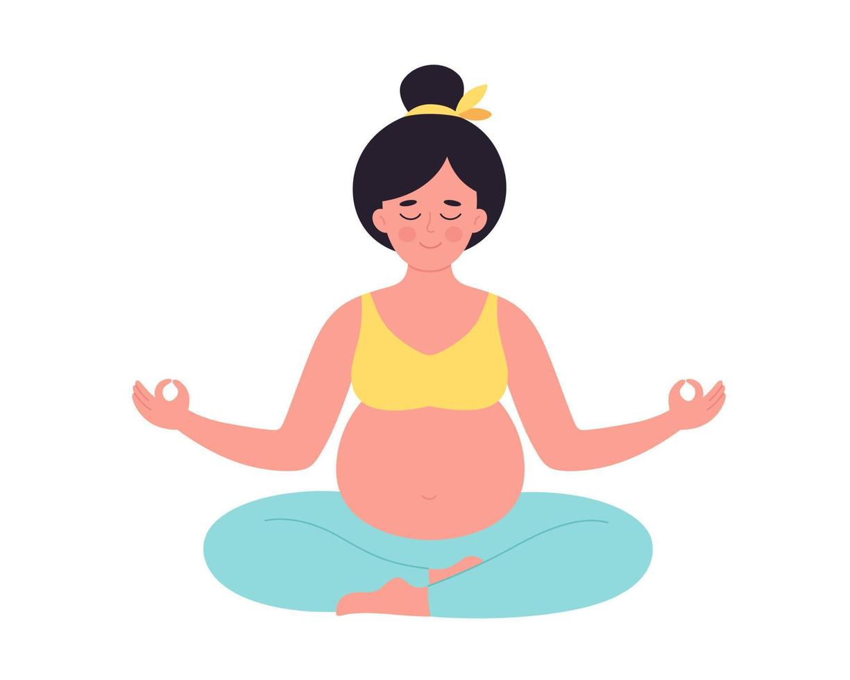mujer embarazada meditando en posición de loto. embarazo saludable, yoga, ejercicios de respiración vector