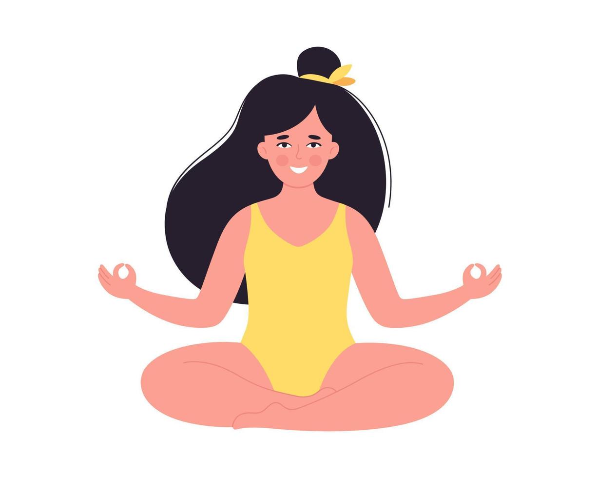 Woman meditating in swimsuit. Healthy lifestyle, yoga, relax, breathing vector