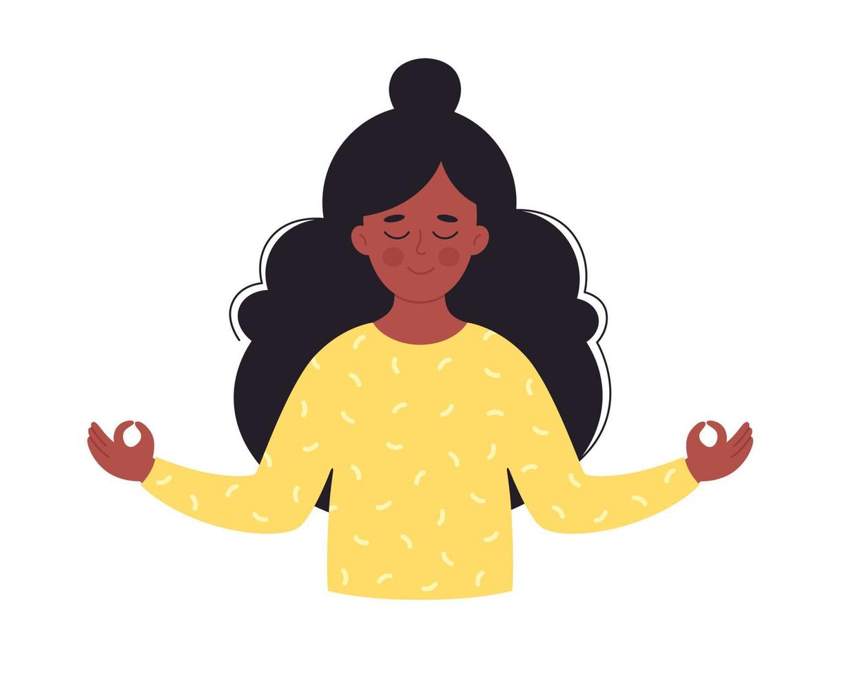 Black woman meditating. Mental health. Healthy lifestyle, yoga, relax, breathing exercise vector