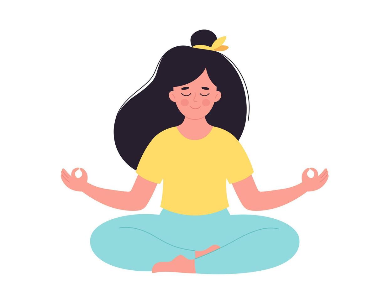 Woman meditating in lotus pose. Healthy lifestyle, yoga, breathing exercise vector