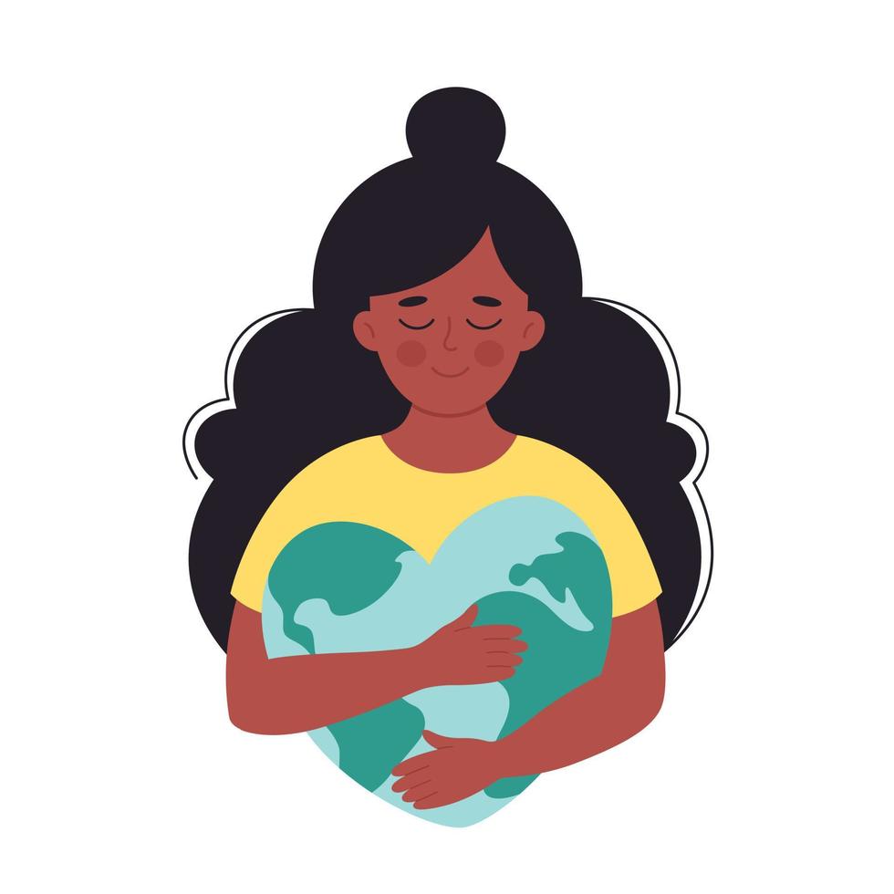 Black woman hugging Earth globe. Earth Day, saving planet vector