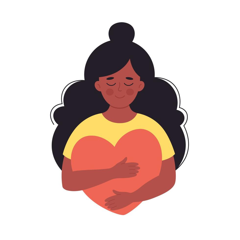 Black woman hugging heart. Self love, positive emotion, mental health, mental wellbeing vector