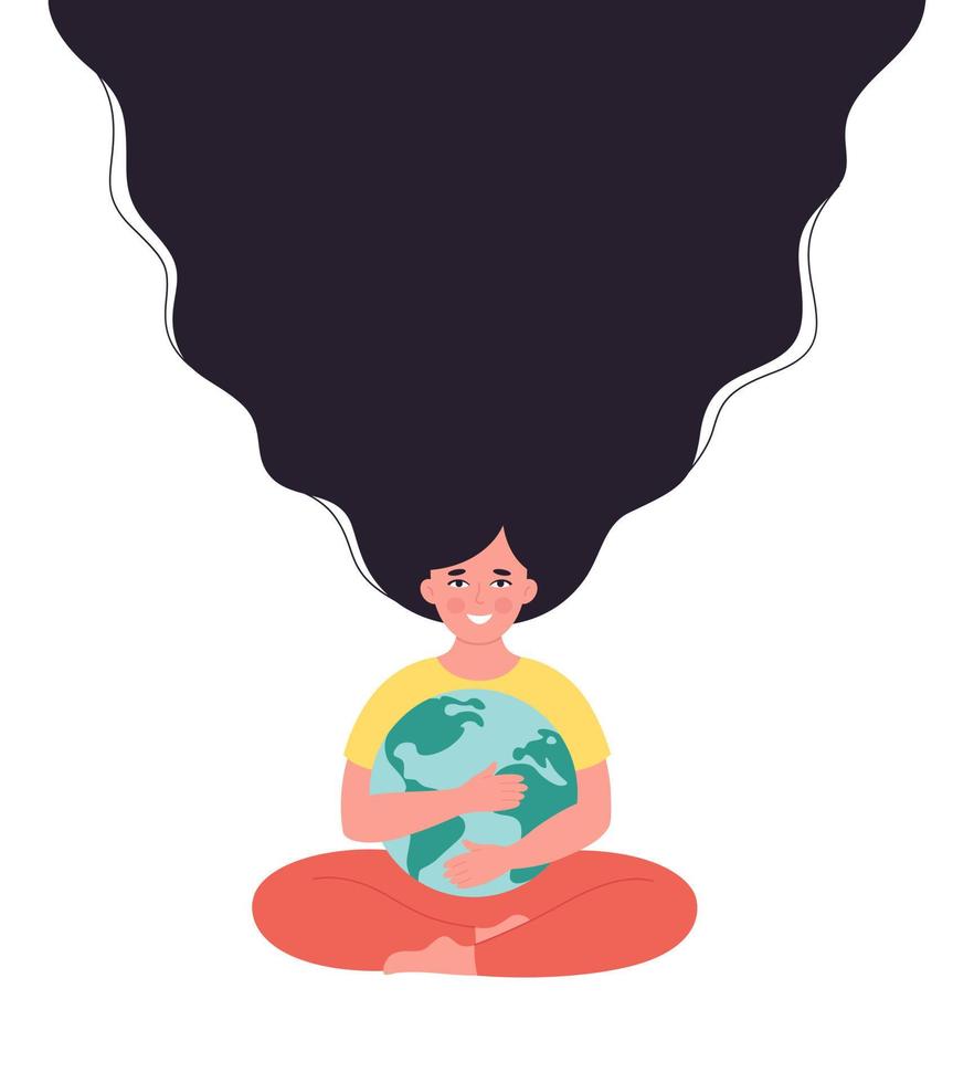 Woman hugging Earth globe. Earth Day, saving planet, nature protect vector