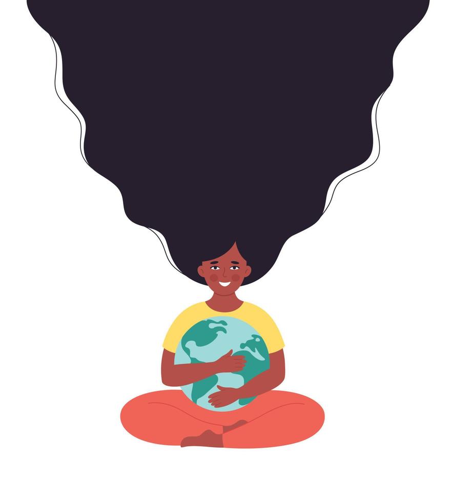 Black woman hugging Earth globe. Earth Day, saving planet vector