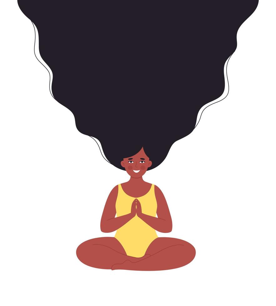 Black woman meditating in swimsuit. Healthy lifestyle, yoga, relax, breathing vector