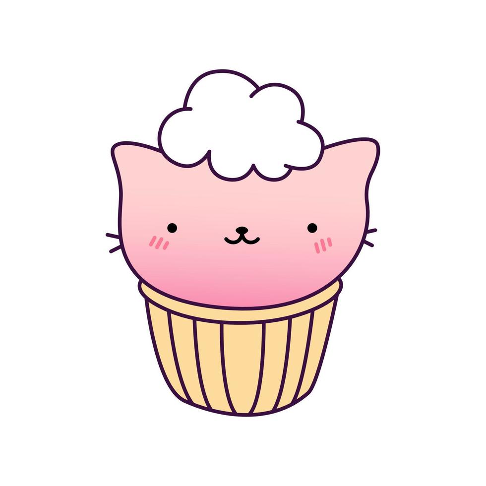 ilustración dibujada a mano de un cupcake divertido kawaii con orejas de gato. concepto de diseño para cat cafe, impresión infantil. vector