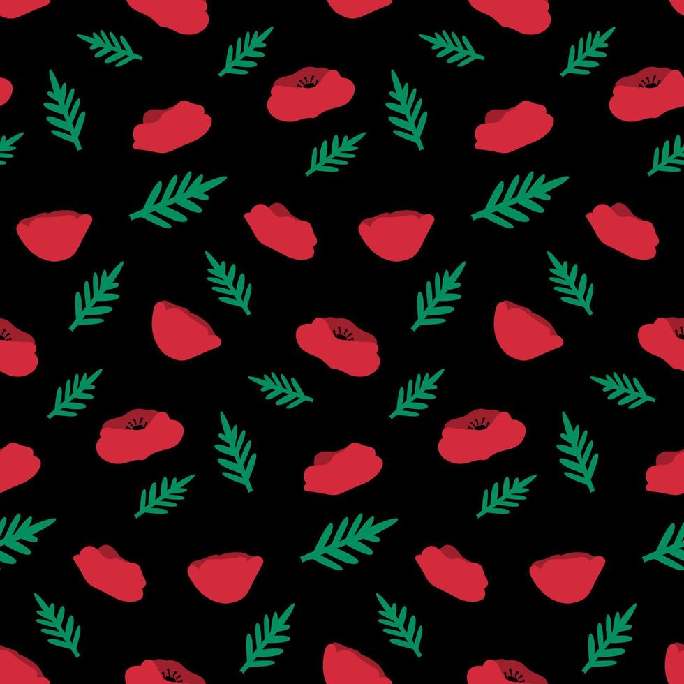 Red poppy flowers seamless pattern on black background. Trendy vector floral pattern design. Texture for web, textile and stationery.