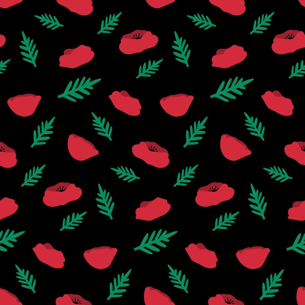 patrón sin fisuras de flores de amapola roja sobre fondo negro. diseño de patrones florales vectoriales de moda. textura para web, textil y papelería. vector