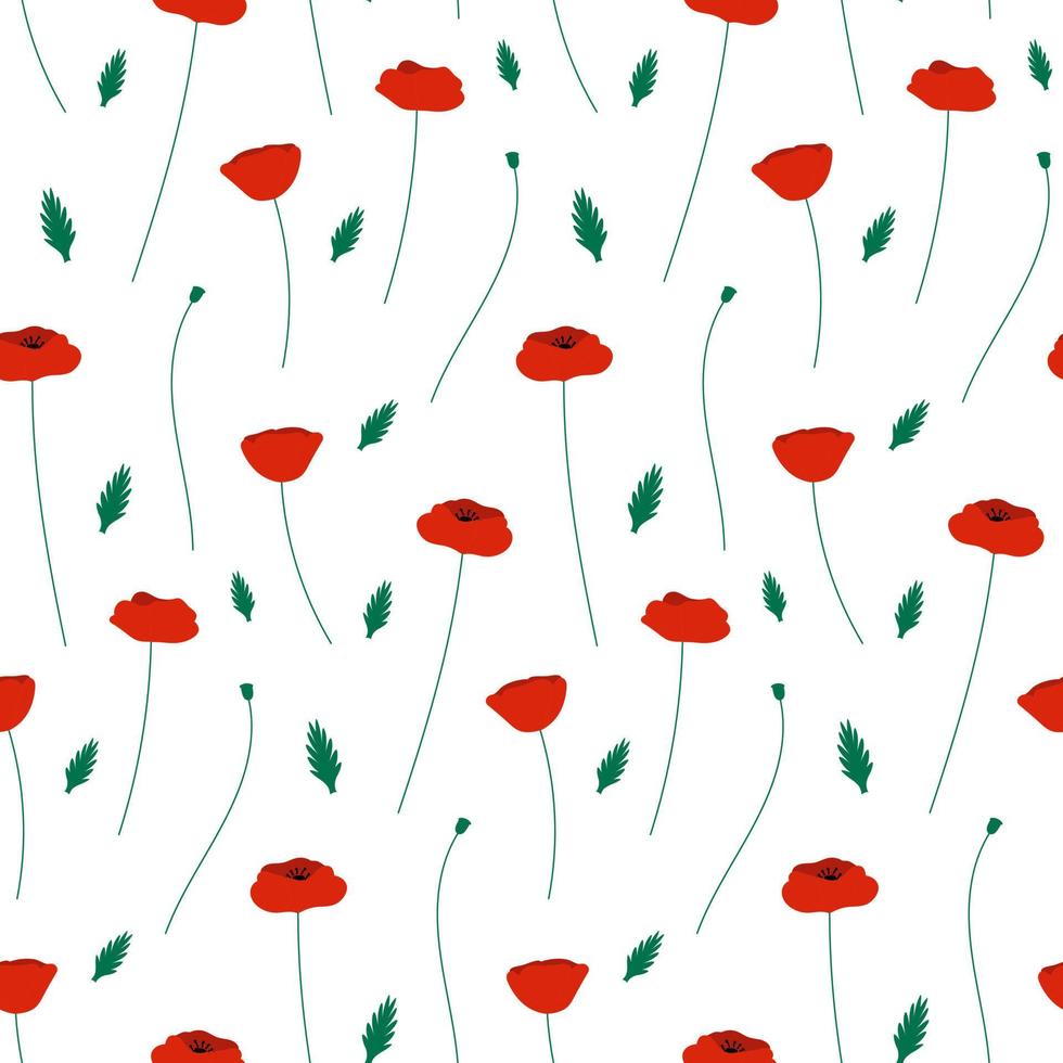 Red poppy flowers seamless pattern on white background. Trendy vector floral pattern design. Texture for web, textile and stationery.