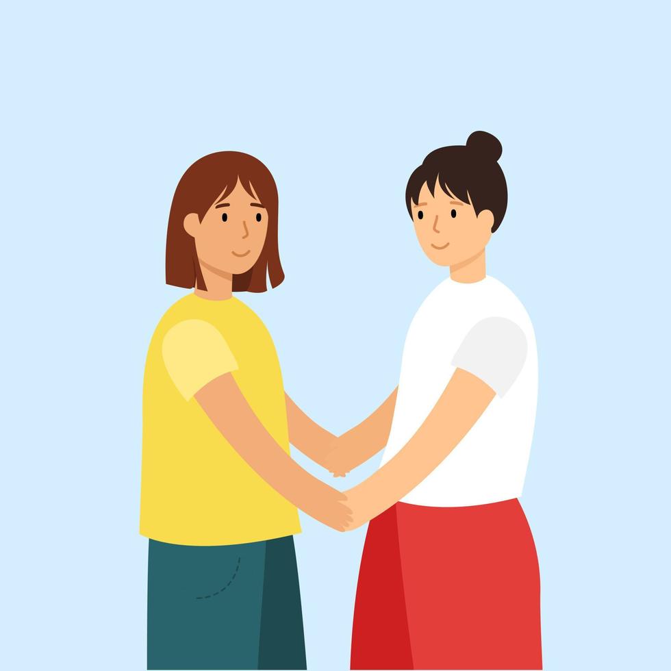 dos chicas de pie juntas y cogidas de la mano. caracteres planos aislados sobre fondo azul. vector