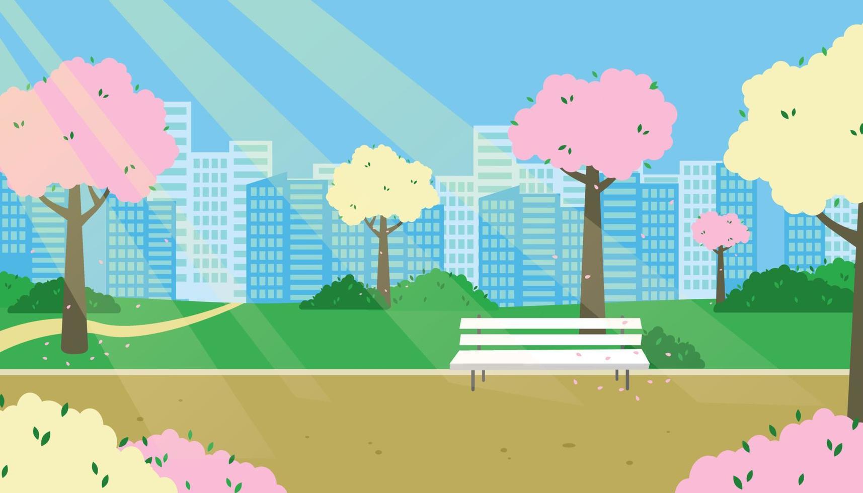City park spring panorama blooming trees, bench. Flat vector