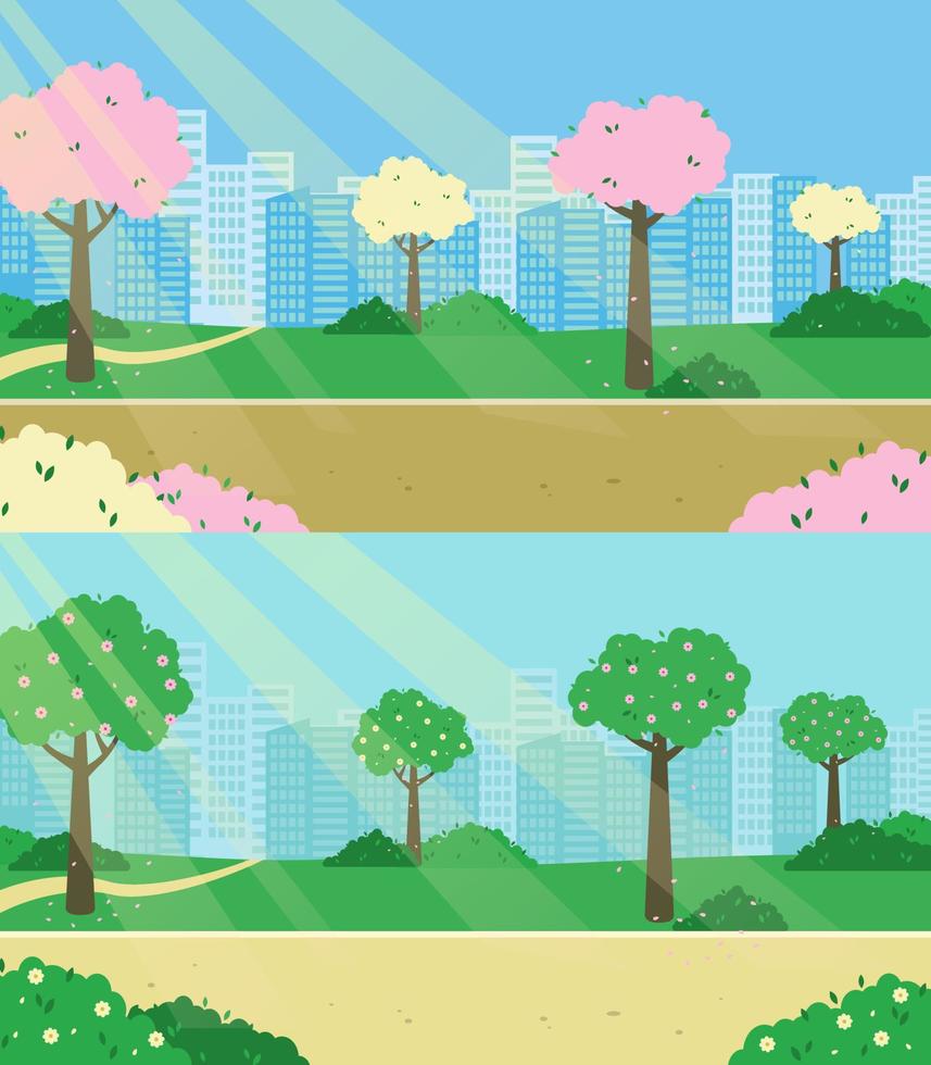 City park spring panorama blooming trees, bench. Flat vector illustration.