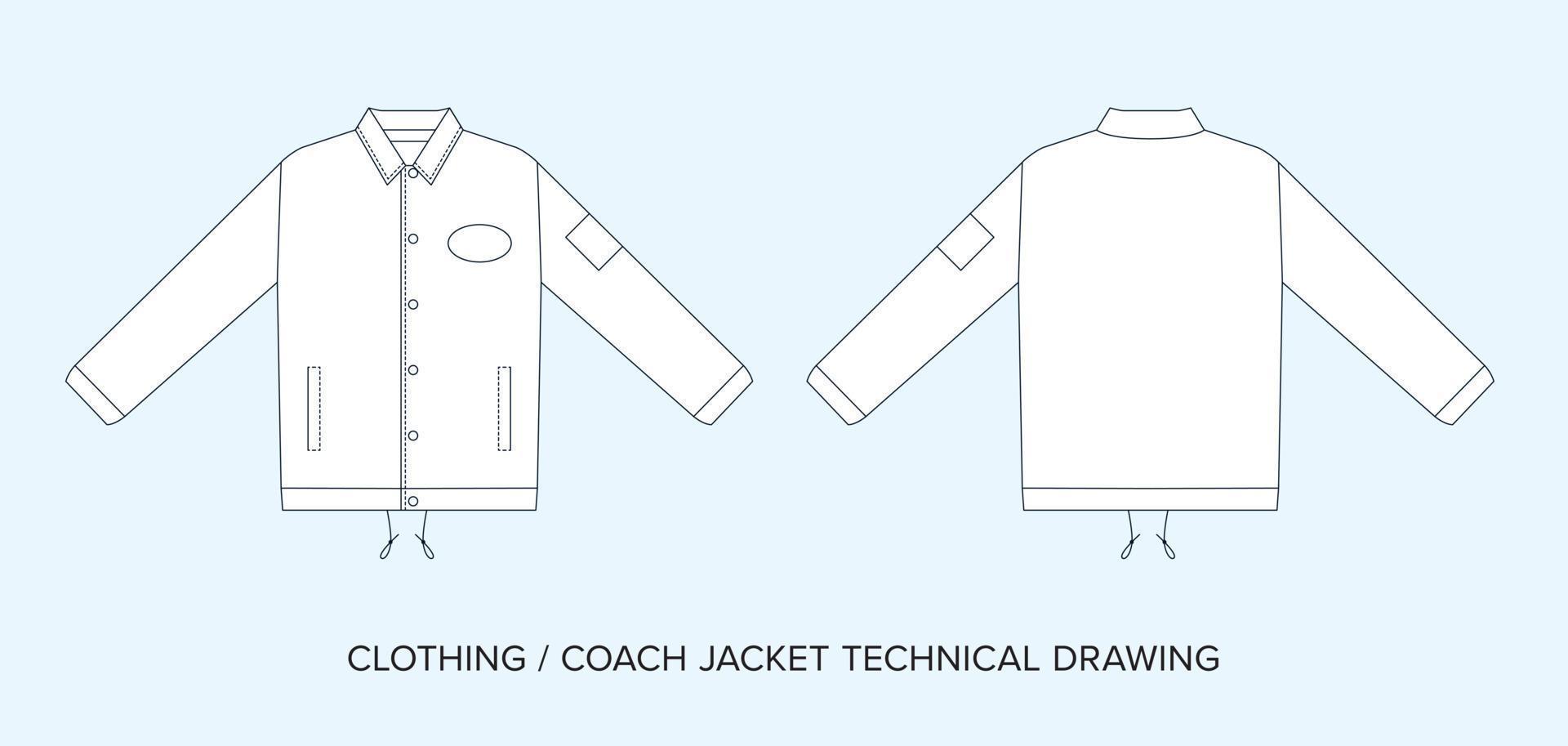 Coach jacket technical drawing template. Fashion streetwear editable vector, two sides of garment. Black and white clothing schematics on isolated background. vector