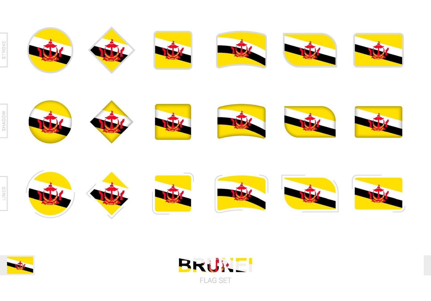 conjunto de banderas de brunei, banderas simples de brunei con tres efectos diferentes. vector