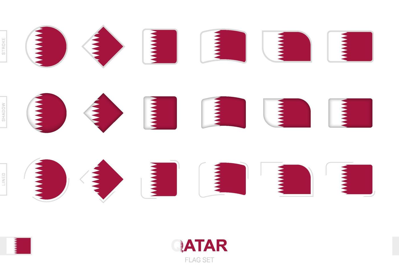 Qatar flag set, simple flags of Qatar with three different effects. vector