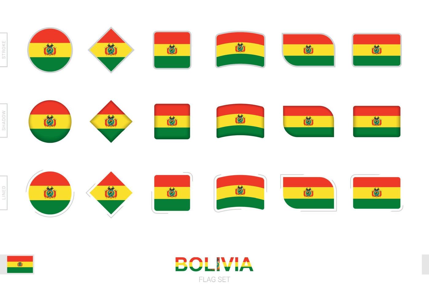 conjunto de banderas de bolivia, banderas simples de bolivia con tres efectos diferentes. vector