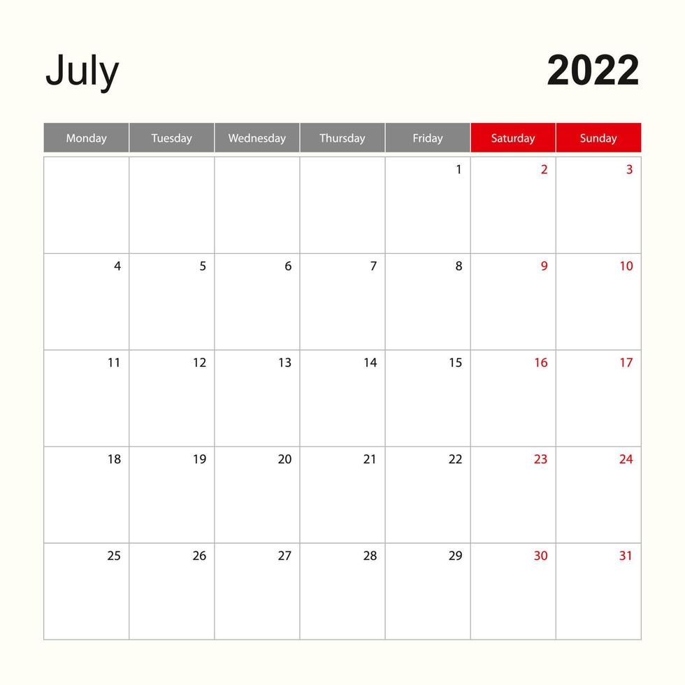 Wall calendar template for July 2022. Holiday and event planner, week starts on Monday. vector