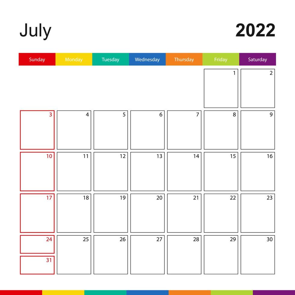 calendario de pared colorido de julio de 2022, la semana comienza el domingo. vector