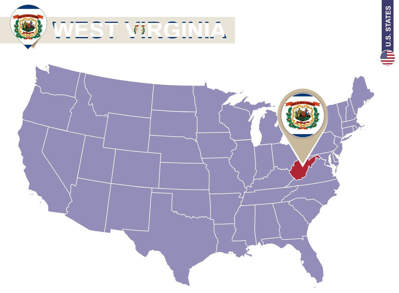 West Virginia State on USA Map. West Virginia flag and map. vector